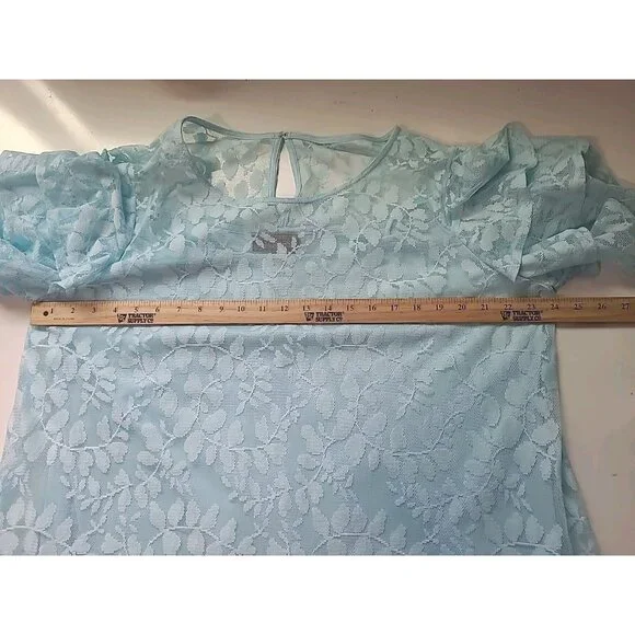 Lane Bryant Dress 18 Blue Lace Ruffle Sleeve Below Knee Pullover Sheath Floral - Picture 3 of 14